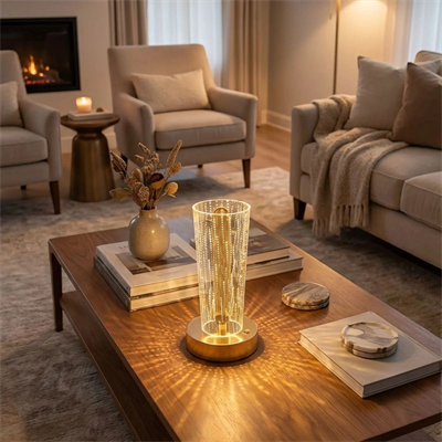 Silindirik Kristal Nokta Model Led Masa Lambası – Gold Tabanlı, Dokunmatik, 3 Renk Işık Modlu, Şarjlı Modern Dekoratif Gece Lambası Bx40