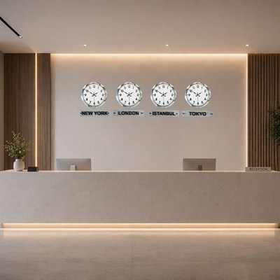 SilverLine 4’lü 36 Cm Krom Metal Tabelalı Dünya Saat Seti