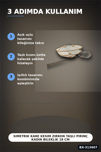 Simetrik Kare Kesim Zirkon Taşlı Pirinç Kadın Bileklik 18 cm Tekli Paket BX-313607