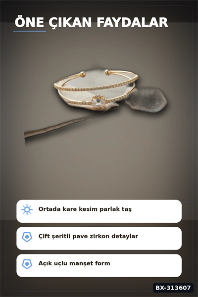 Simetrik Kare Kesim Zirkon Taşlı Pirinç Kadın Bileklik 18 cm Tekli Paket BX-313607
