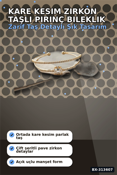 Simetrik Kare Kesim Zirkon Taşlı Pirinç Kadın Bileklik 18 cm Tekli Paket BX-313607