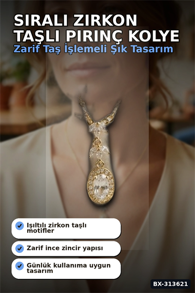 Sıralı Zirkon Taşlı Pirinç Gold Renk Model Kadın Kolye 45 cm Zincir Hediyelik BX-313621
