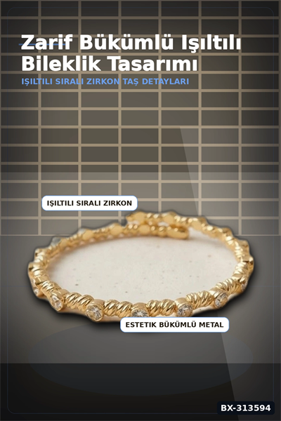 Sıralı Zirkon Taşlı Pirinç Kadın Bileklik - Gold Renk Tekli Parça, Bijuteri Aksesuar BX-313594