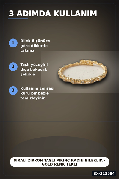 Sıralı Zirkon Taşlı Pirinç Kadın Bileklik - Gold Renk Tekli Parça, Bijuteri Aksesuar BX-313594