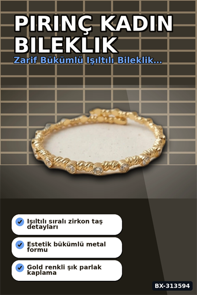 Sıralı Zirkon Taşlı Pirinç Kadın Bileklik - Gold Renk Tekli Parça, Bijuteri Aksesuar BX-313594