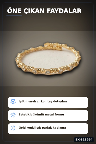 Sıralı Zirkon Taşlı Pirinç Kadın Bileklik - Gold Renk Tekli Parça, Bijuteri Aksesuar BX-313594