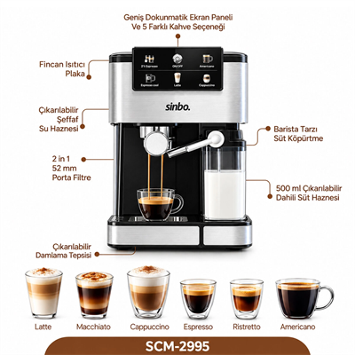 Siyah - Krom Espresso Kahve Makinesi 6 Farklı Kahve 1.5lt Su Hazne - 500ml Süt Hazne 1350w Scm-2995 Bx40