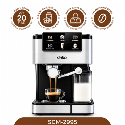 Siyah - Krom Espresso Kahve Makinesi 6 Farklı Kahve 1.5lt Su Hazne - 500ml Süt Hazne 1350w Scm-2995 Bx40