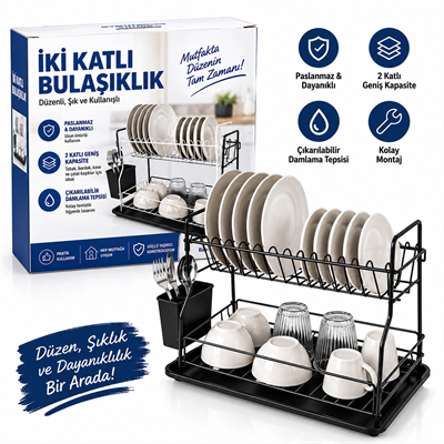 Siyah - Metal 2 Katlı Tabaklık - Bulaşıklık Bx40