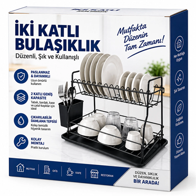 Siyah - Metal 2 Katlı Tabaklık - Bulaşıklık Bx40