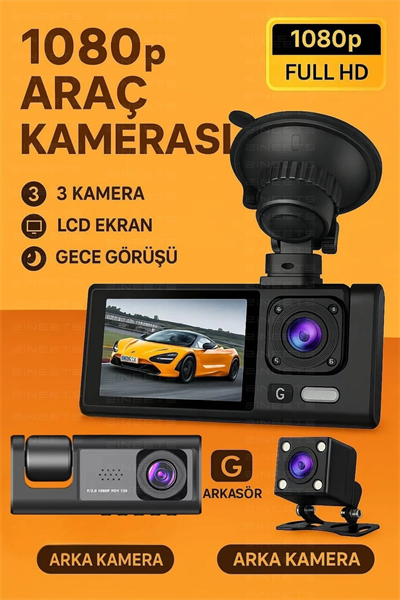 Siyah 1080p Araç içi 3 Kameralı Lcd Ekranlı Gece Görüşlü , G-sensör , Geri Görüş Kamera