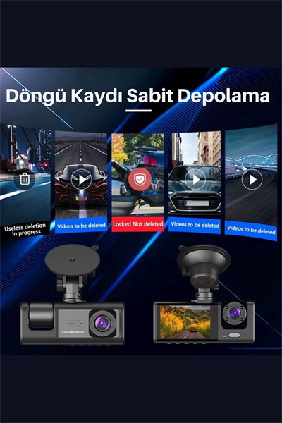 Siyah 1080p Araç içi 3 Kameralı Lcd Ekranlı Gece Görüşlü , G-sensör , Geri Görüş Kamera