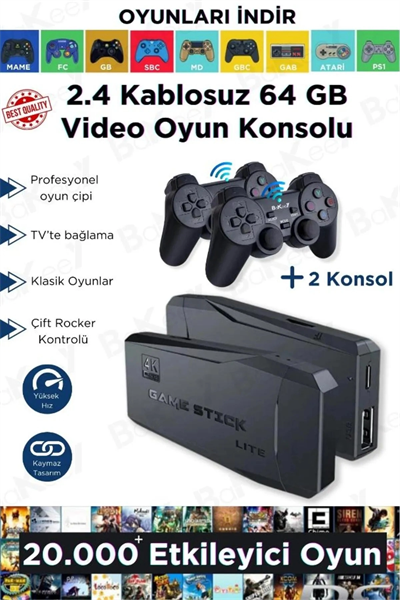 Siyah 2.4g kablosuz çift kollu retro oyun konsolu oyunlu game stick bluetooth yok