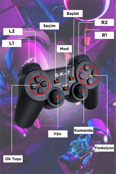 Siyah 2.4g kablosuz çift kollu retro oyun konsolu oyunlu game stick bluetooth yok