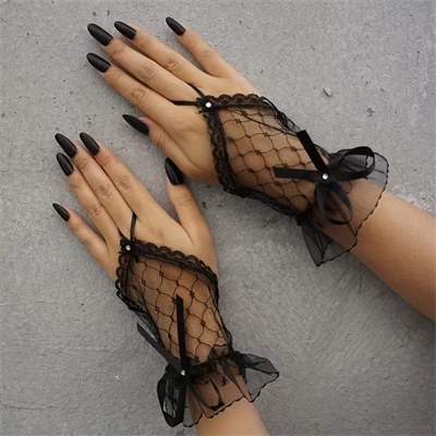Siyah Dantel Fiyonklu Parmak Halkalı Kadın Eldiveni