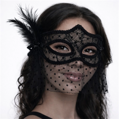Siyah Dantel Tüllü Peçeli Parti Maskesi - Tüylü İnci Detaylı