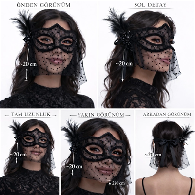 Siyah Dantel Tüllü Peçeli Parti Maskesi - Tüylü İnci Detaylı