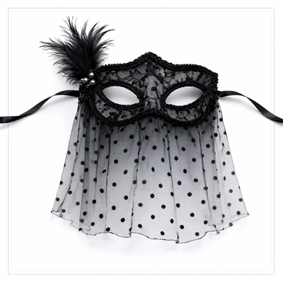 Siyah Dantel Tüllü Peçeli Parti Maskesi - Tüylü İnci Detaylı