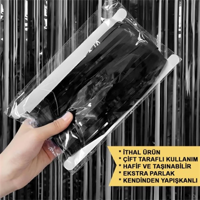 Ekstra Metalize Parlak Saçaklı Arka Fon Perde Siyah