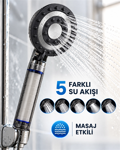 Siyah Filtreli Duş Başlığı 5 Farklı Su Akışı Masaj Etkili Klor ve Kireç Filtreleme