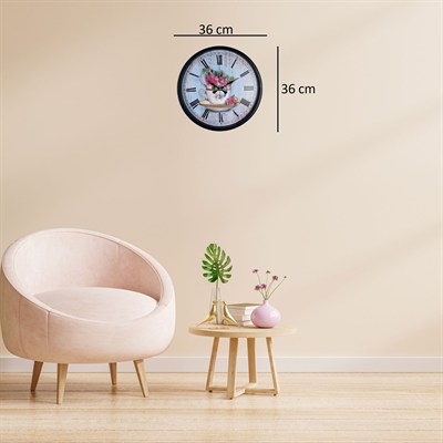 Siyah Floral Tea Cup Duvar Saati