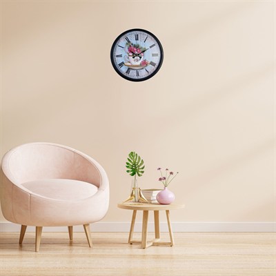 Siyah Floral Tea Cup Duvar Saati