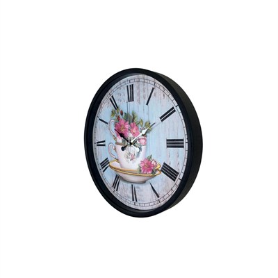 Siyah Floral Tea Cup Duvar Saati