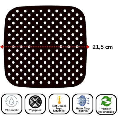 Siyah Isıya Dayanıklı Yıkanılabilir Silikon Fırın Ve Airfryer Kare Model Pişirme Matı 21,5 Cm Bx40