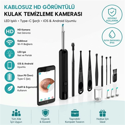 Siyah Kablosuz Hd Görüntülü Kulak Temizleme Kamerası, Led Işıklı Type-c Şarjlı İos Ve Android Uyumlu Kulak Temizleme Seti Bx40