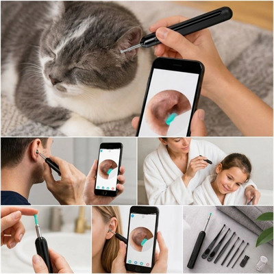 Siyah Kablosuz Hd Görüntülü Kulak Temizleme Kamerası, Led Işıklı Type-c Şarjlı İos Ve Android Uyumlu Kulak Temizleme Seti Bx40