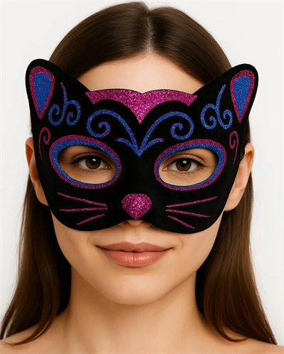 Siyah Kadife Kaplama Üzeri Pembe Mavi Sim İşlemeli Kedi Maskesi 20x13 Cm