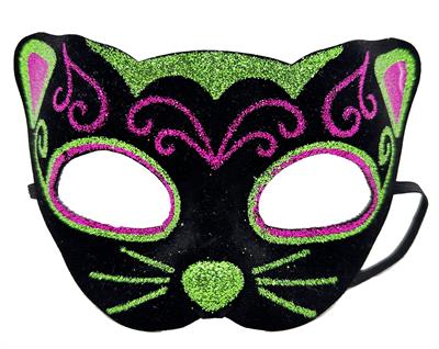 Siyah Kadife Kaplama Üzeri Pembe Yeşil Sim İşlemeli Kedi Maskesi 20x13 cm (3936)