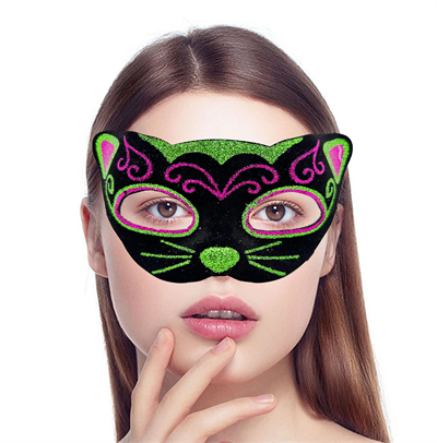 Siyah Kadife Kaplama Üzeri Pembe Yeşil Sim İşlemeli Kedi Maskesi 20x13 Cm Bx40