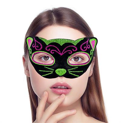 Siyah Kadife Kaplama Üzeri Pembe Yeşil Sim İşlemeli Kedi Maskesi 20x13 cm (3936)