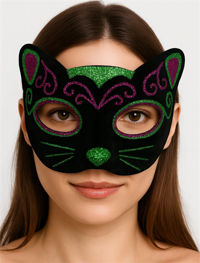 Siyah Kadife Kaplama Üzeri Pembe Yeşil Sim İşlemeli Kedi Maskesi 20x13 Cm