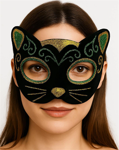 Siyah Kadife Kaplama Üzeri Sarı Yeşil Sim İşlemeli Kedi Maskesi 20x13 Cm