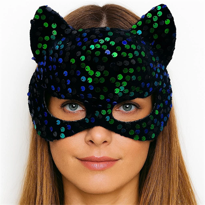 Siyah Kadife Kumaş Üzerine Mavi Yeşil Payetli Pullu Parti Maskesi 16x14 Cm