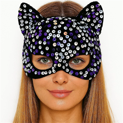 Siyah Kadife Kumaş Üzerine Mor Beyaz Payetli Pullu Parti Maskesi 16x14 Cm