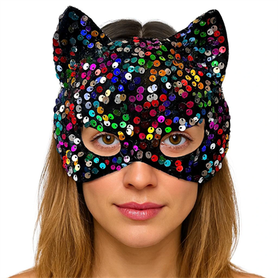 Siyah Kadife Kumaş Üzerine Rengarenk Payetli Pullu Parti Maskesi 16x14 Cm