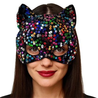 Siyah Kadife Kumaş Üzerine Rengarenk Payetli Pullu Parti Maskesi 16x14 Cm