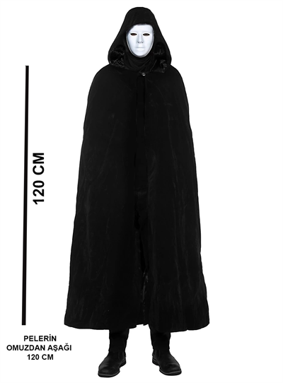 Siyah Kapüşonlu 120 Cm Pelerin Ve Beyaz Boyanabilir Tam Yüz Maske Bx40
