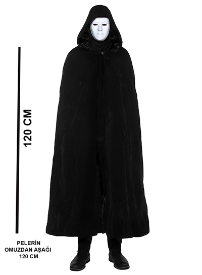 Siyah Kapüşonlu 120 cm Pelerin ve Beyaz Boyanabilir Tam Yüz Maske