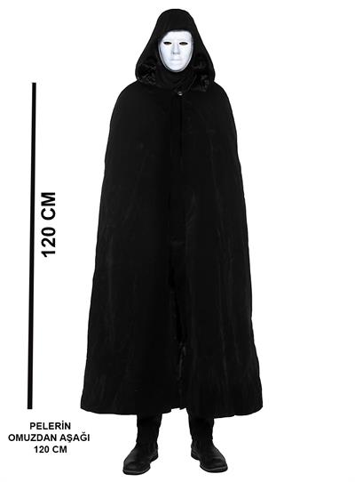 Siyah Kapüşonlu 120 cm Pelerin ve Beyaz Boyanabilir Tam Yüz Maske (3936)