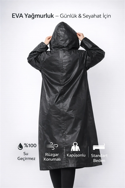 Siyah Kapüşonlu Çıtçıtlı Eva Yağmurluk Rüzgar ve Suya Dayanıklı Unisex Standart Boy