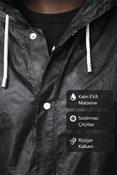 Siyah Kapüşonlu Çıtçıtlı Eva Yağmurluk Rüzgar ve Suya Dayanıklı Unisex Standart Boy