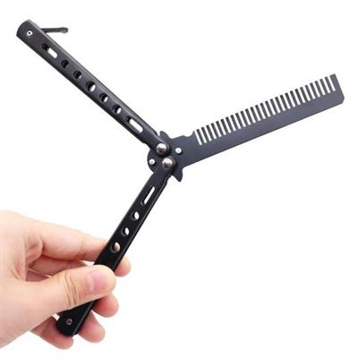 Siyah Katlanabilir Paslanmaz Çelik Kelebek Bıçak Tarak Sakal Bıyık Fırçası Profesyonel Saç Kesimi İçin Tarak (3936)