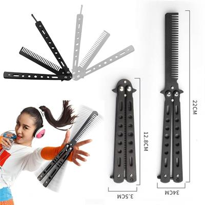 Siyah Katlanabilir Paslanmaz Çelik Kelebek Bıçak Tarak Sakal Bıyık Fırçası Profesyonel Saç Kesimi İçin Tarak (3936)