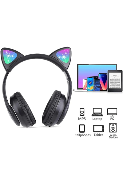 Siyah Kedi Kulağı Tasarımlı Bluetooth Kulaklık - Çocuklar İçin Eğlenceli ve Dayanıklı