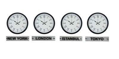 Siyah Klasik 36 Cm 4 lü Tabelalı Dünya Saatleri