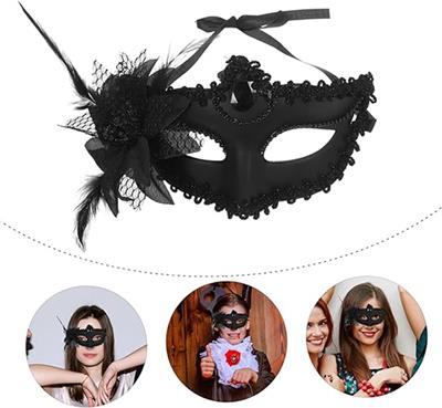 Siyah Mat Renk Yandan Tüylü Güllü Parti Balo Venedik Maskesi 16x22 (3936)